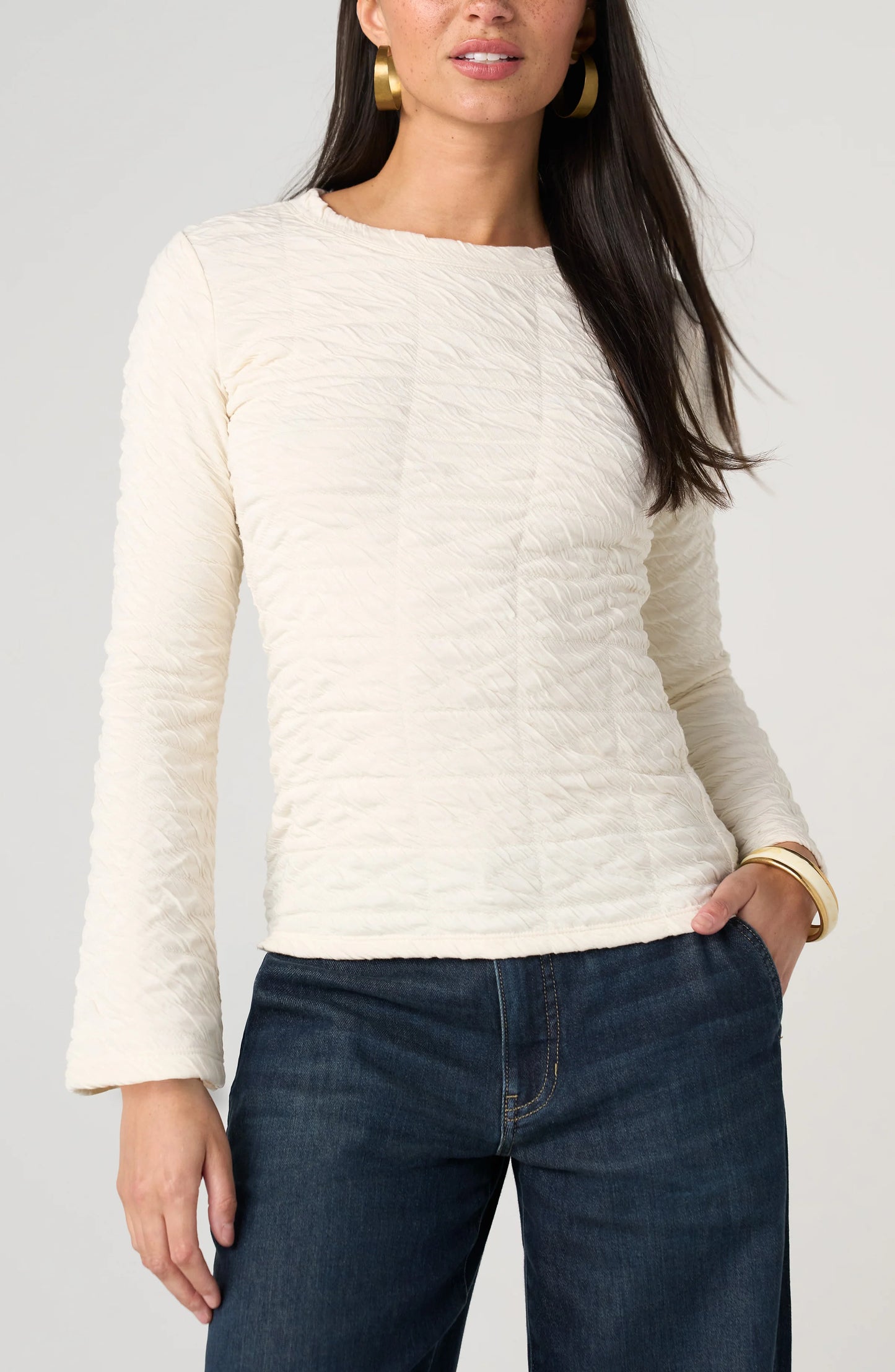 Crewneck Top Flared Sleeves - Cream
