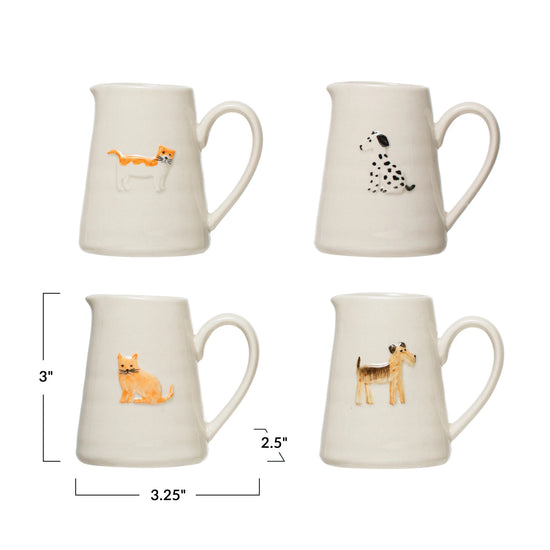 Load image into Gallery viewer, Hand-Painted Embossed Stoneware Creamer - Dogs &amp;amp; Cats
