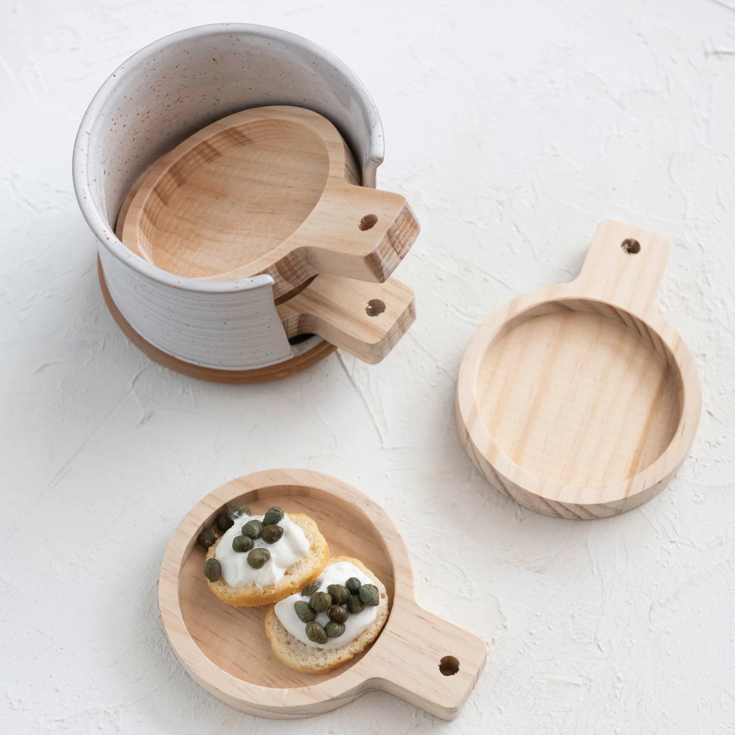 Pine Wood Tapas Plates with Stoneware Holder
