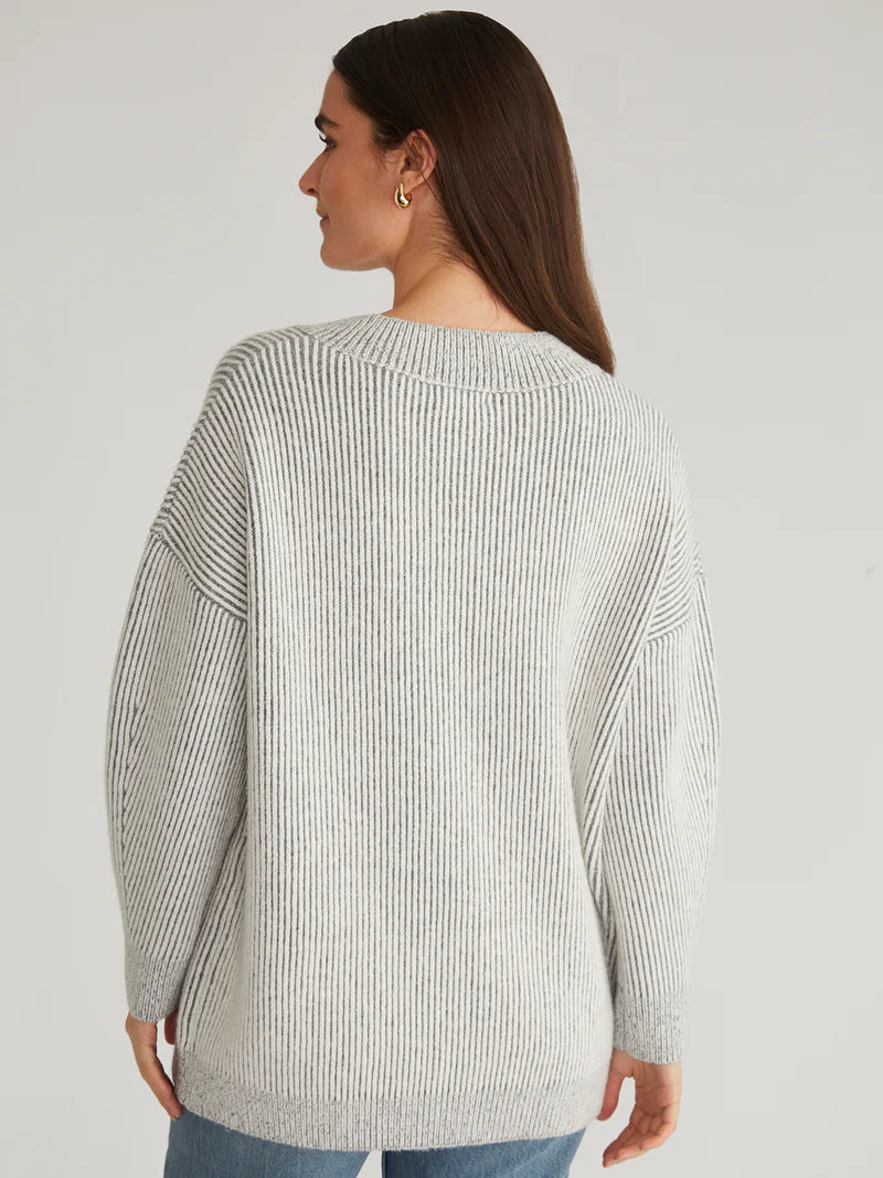 Diana V-Neck Plaited Tunic Sweater - Smoke Grey Multi