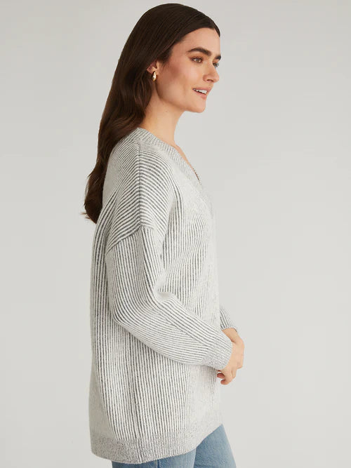 Diana V-Neck Plaited Tunic Sweater - Smoke Grey Multi