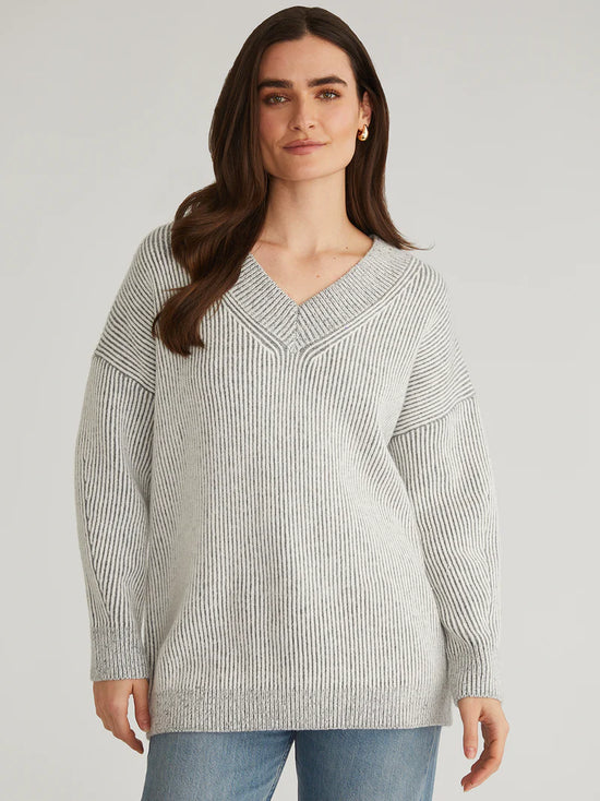 Diana V-Neck Plaited Tunic Sweater - Smoke Grey Multi