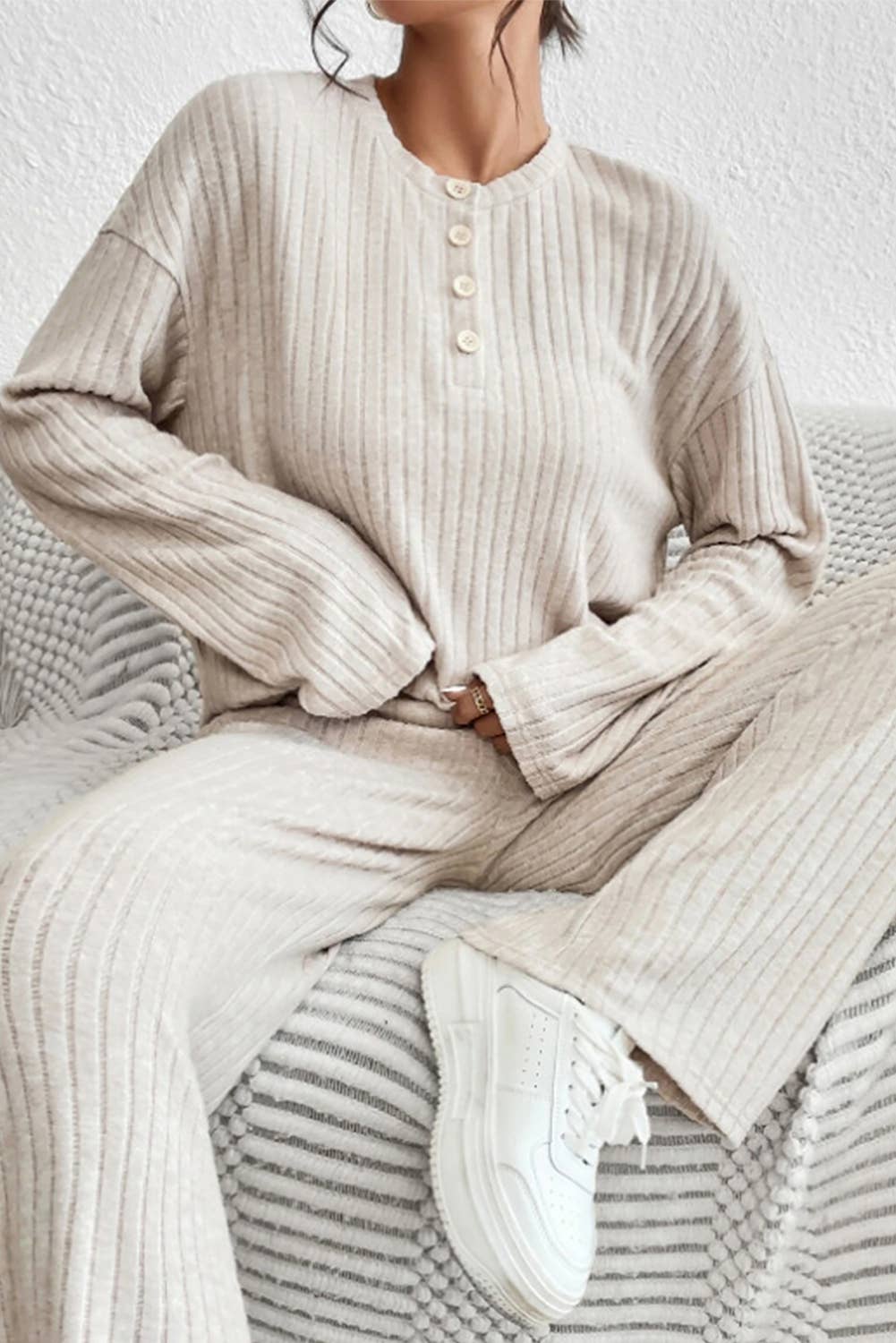 Ribbed Henley Top and Pants Set - Beige