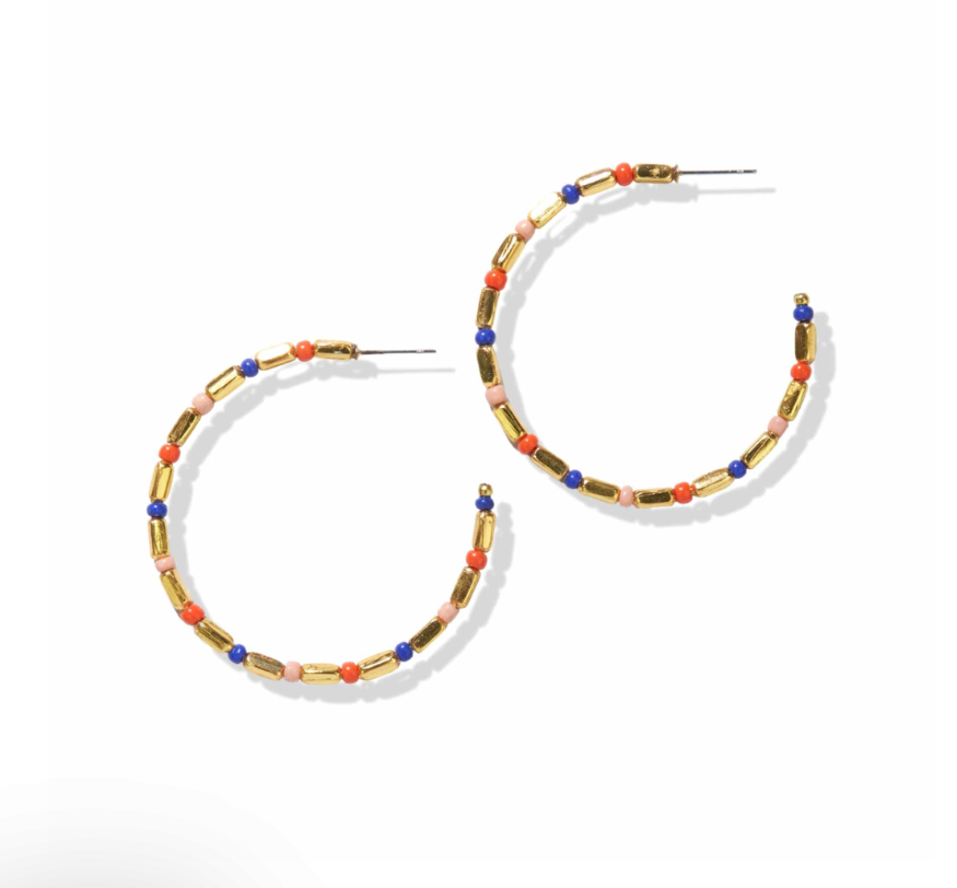 Annie Mixed Bead Hoop Earrings - Lapis