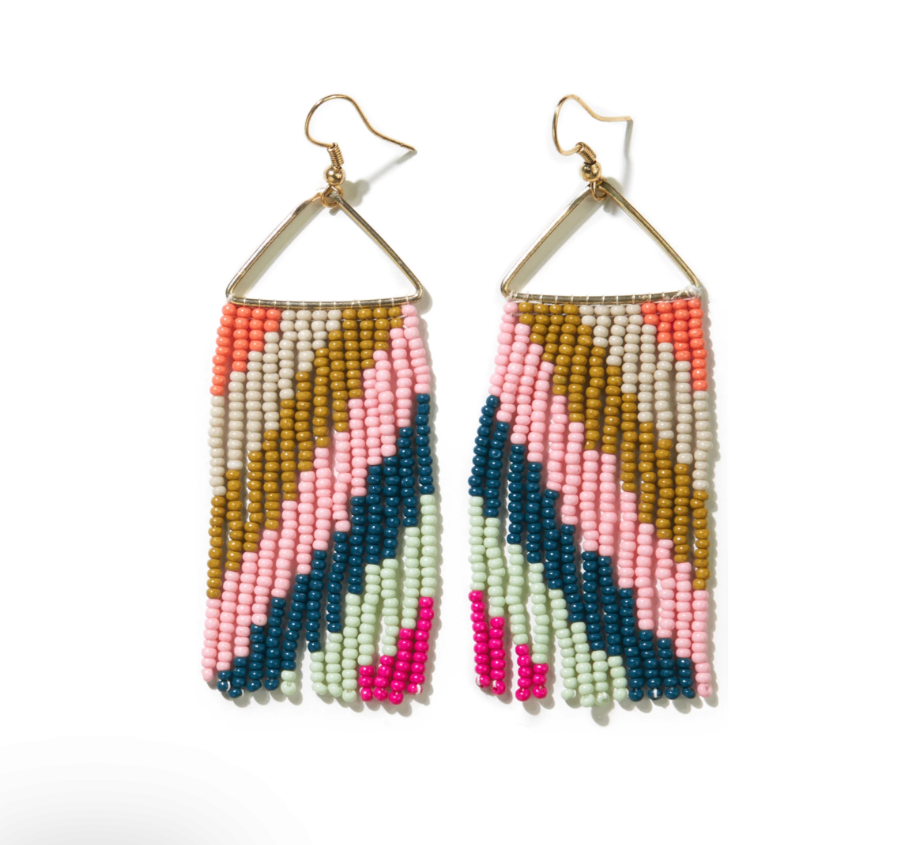 Load image into Gallery viewer, Whitney Triangle Bead Fringe Earrings - Pink/Citron/Peacock
