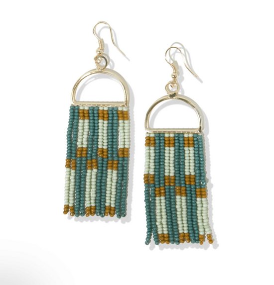 Load image into Gallery viewer, Allison Check Striped Fringe Bead Earrings - Green
