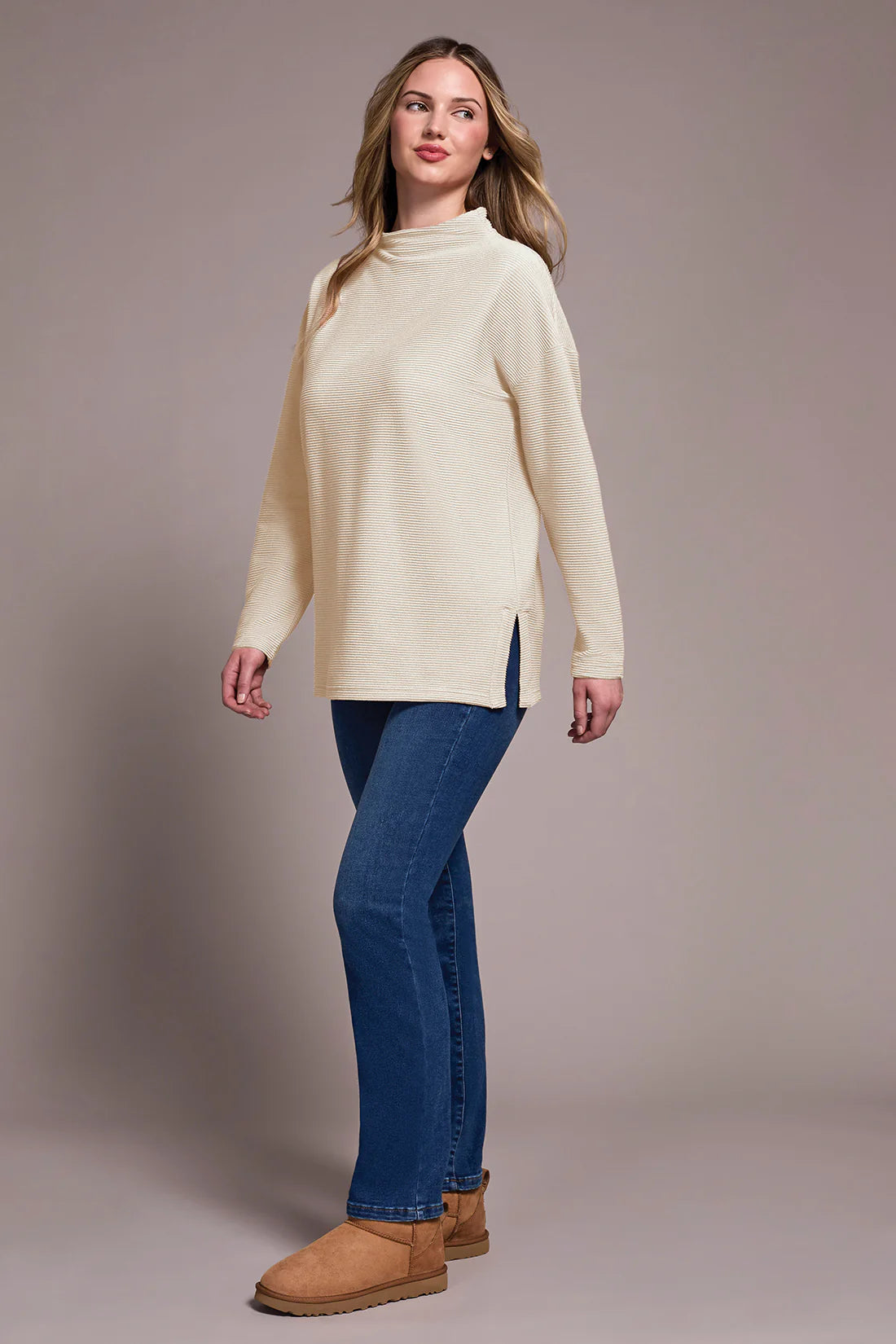 Funnel Neck Tunic with Side Slits - Eggshell