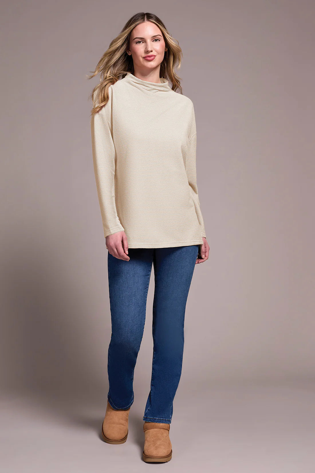 Funnel Neck Tunic with Side Slits - Eggshell