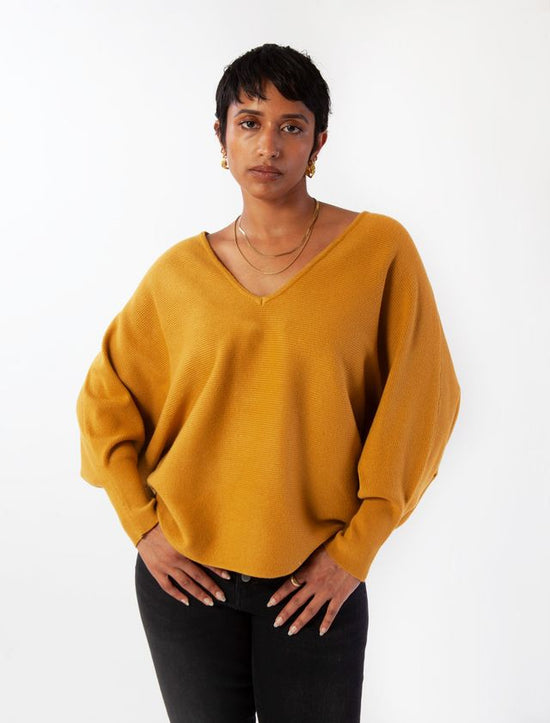 Ryu V-Neck Sweater with Dolman Sleeves - Golden Brown