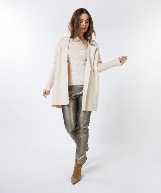 Open Front Cardigan Sweater with Ribbed Sleeves - Sand