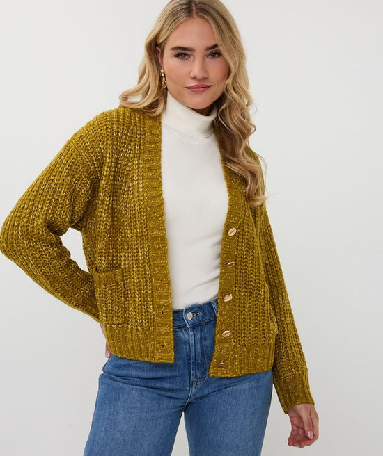 Oversized Cardigan with Metallic Buttons - Golden Olive