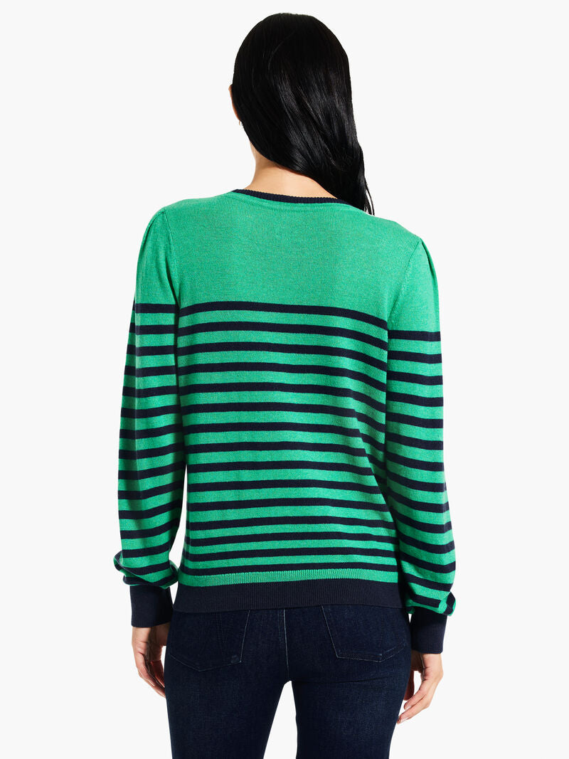 Striped Femme Sleeve Pullover Sweater - Green Multi