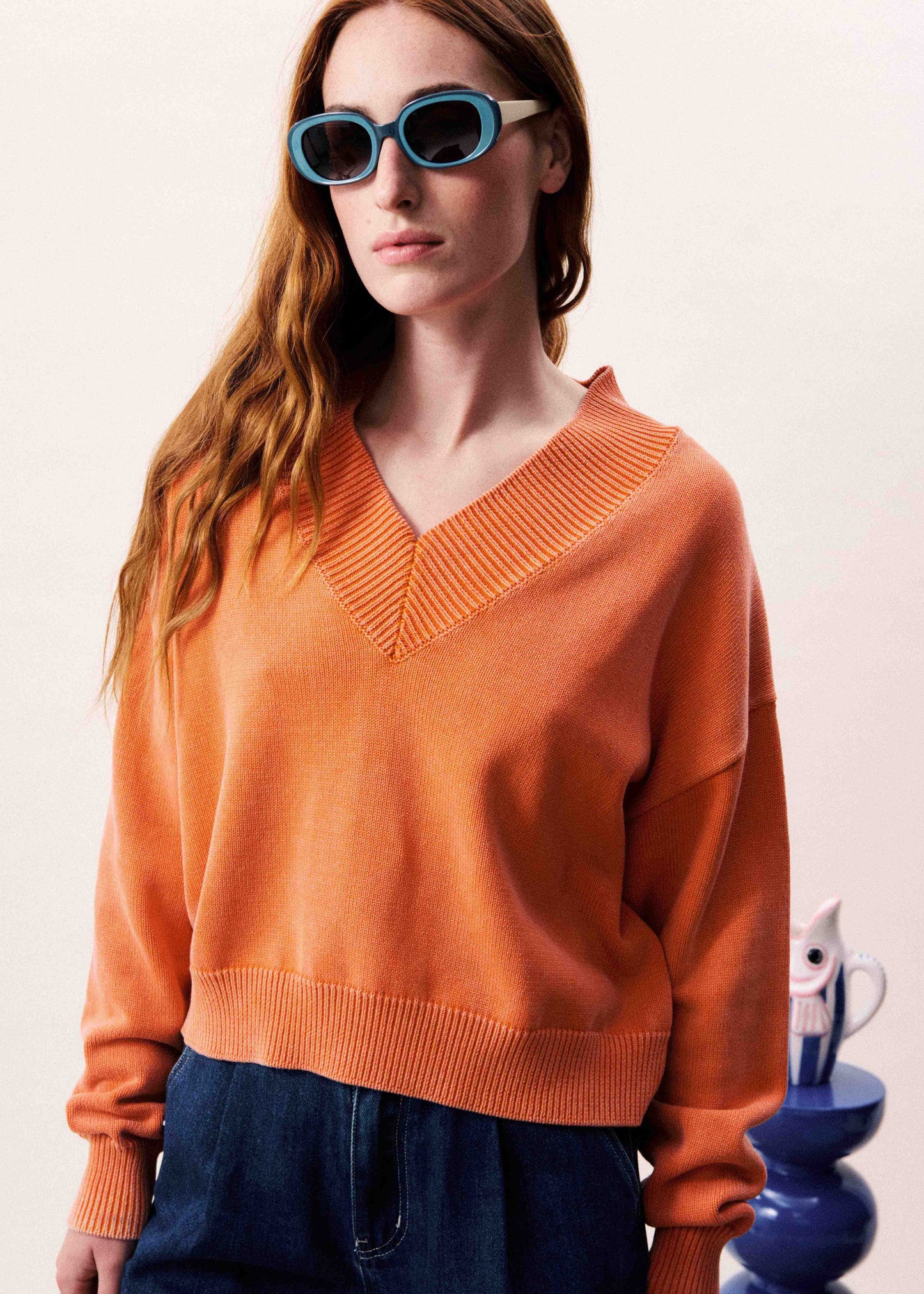 Dara V-Neck Pullover Sweater - Orange