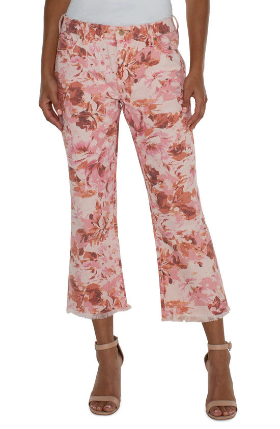 Hannah Cropped Flare Pants with Fray Hem - Pink Floral