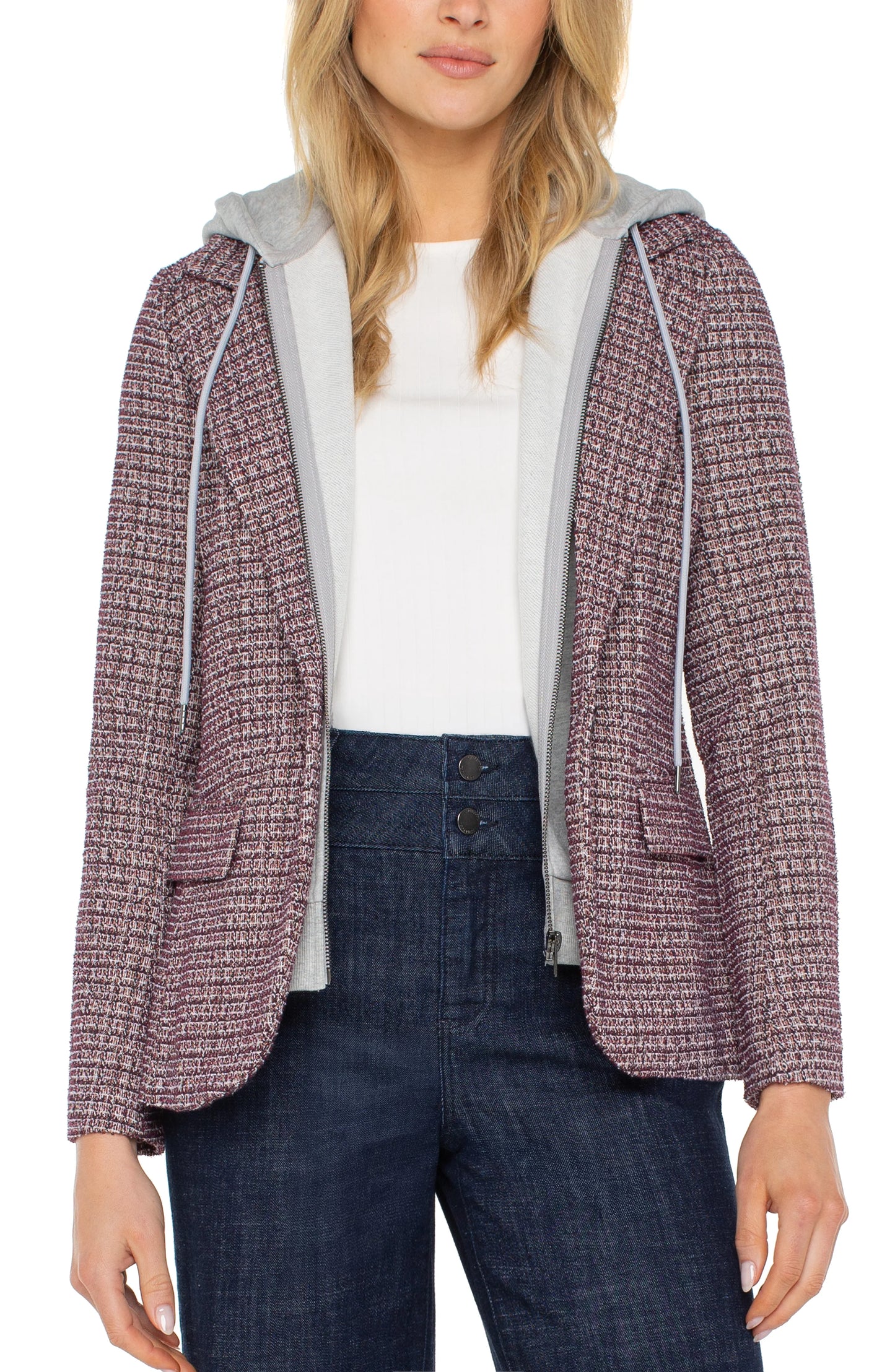 Boyfriend Blazer with Removable Hood - Wine Multi