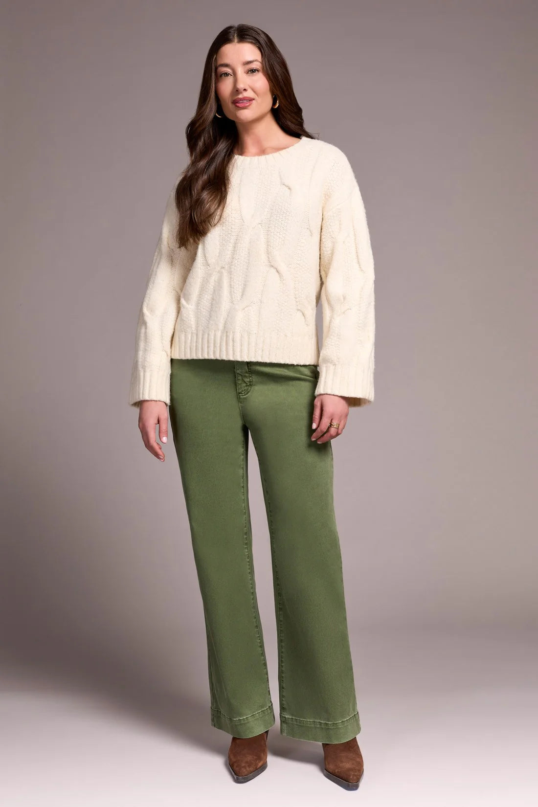 Loose Fitting Cable Knit Sweater - Heather Cream