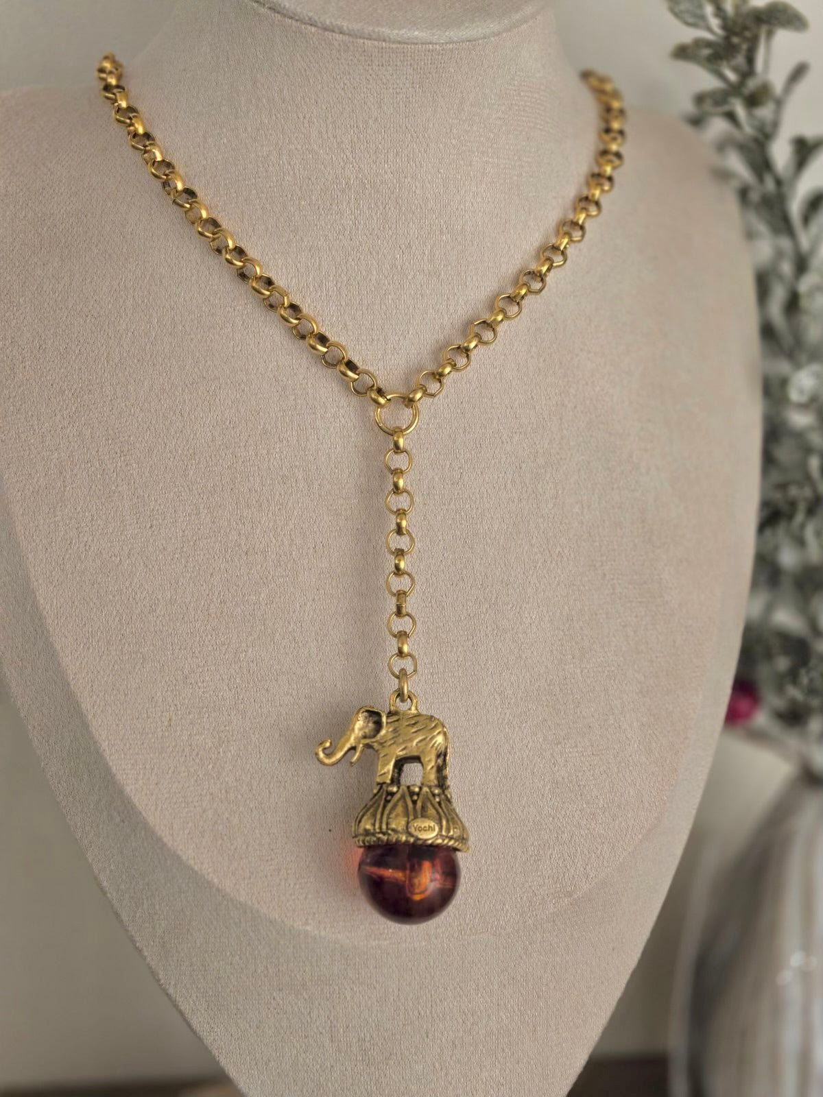 Lariat Elephant Necklace with Amber