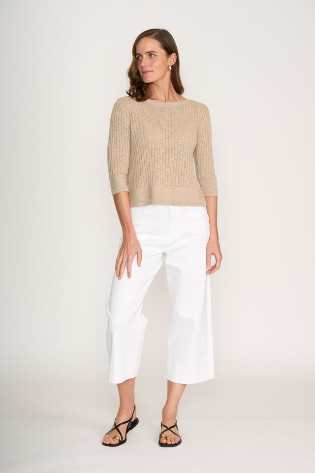 Boat Neck Sweater with 3/4 Sleeves - Sand