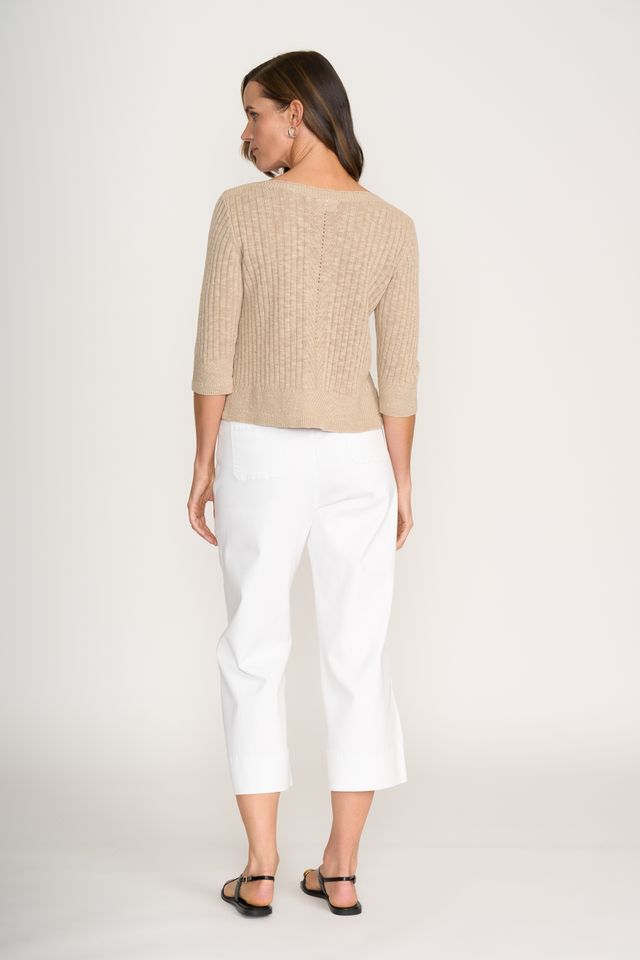 Boat Neck Sweater with 3/4 Sleeves - Sand