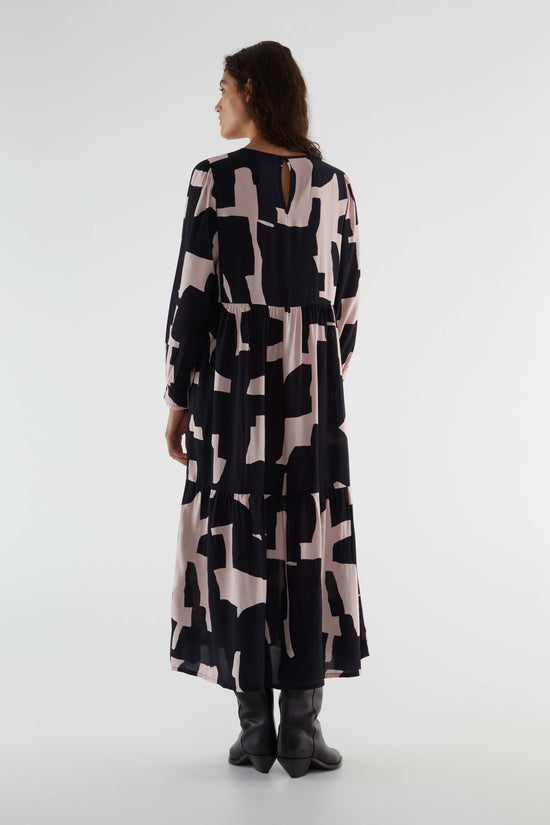 Load image into Gallery viewer, Midi Length Print Dress - Black &amp;amp; Pink
