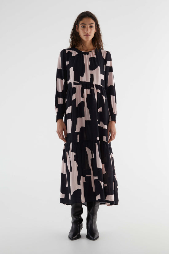 Midi Length Print Dress - Black & Pink