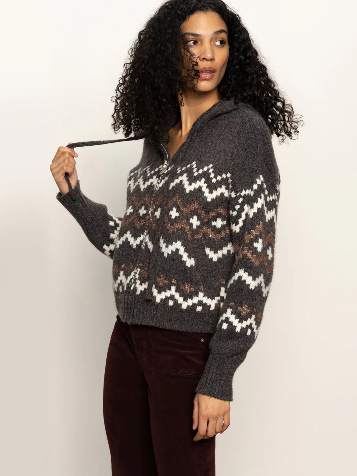Zip Up Fair Isle Hoodie - Mocha