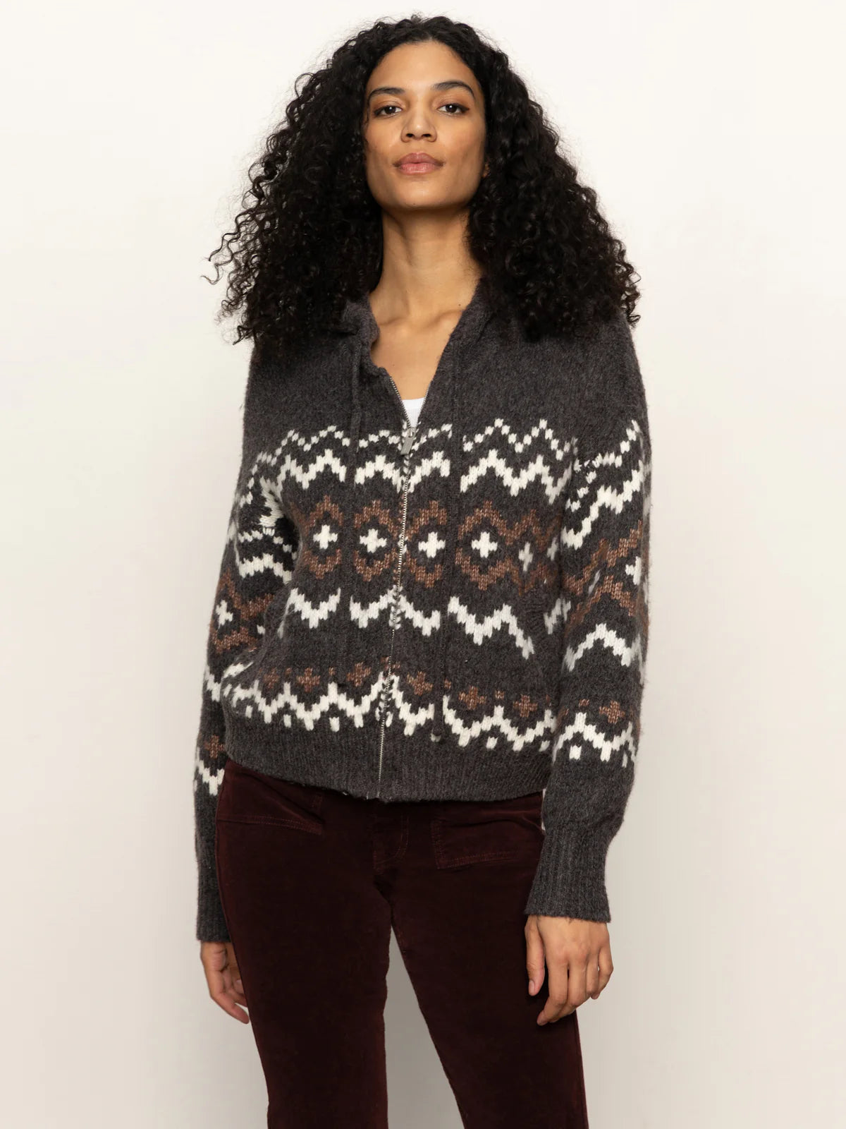 Zip Up Fair Isle Hoodie - Mocha