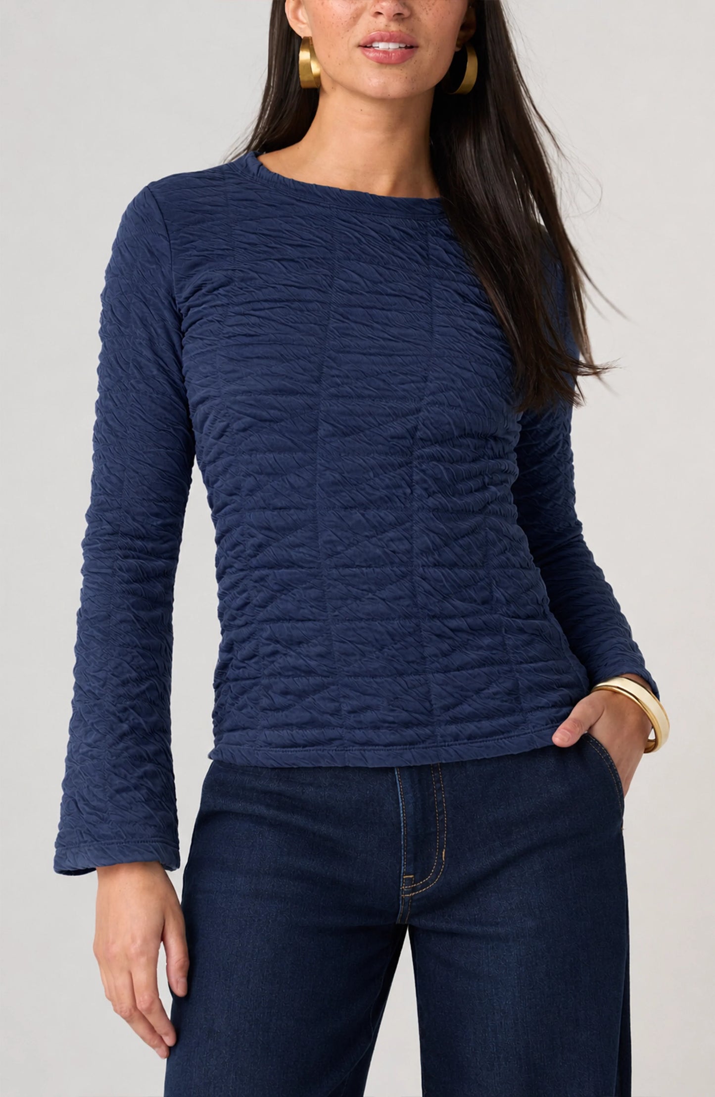 Crewneck Top Flared Sleeves - Navy