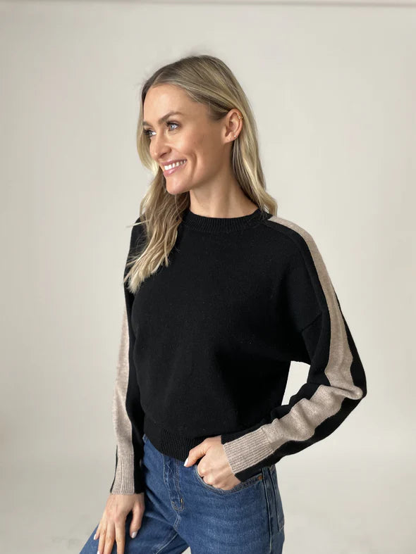 Nicole Crew Neck Sweater with Sleeve Stripe - Black/Latte