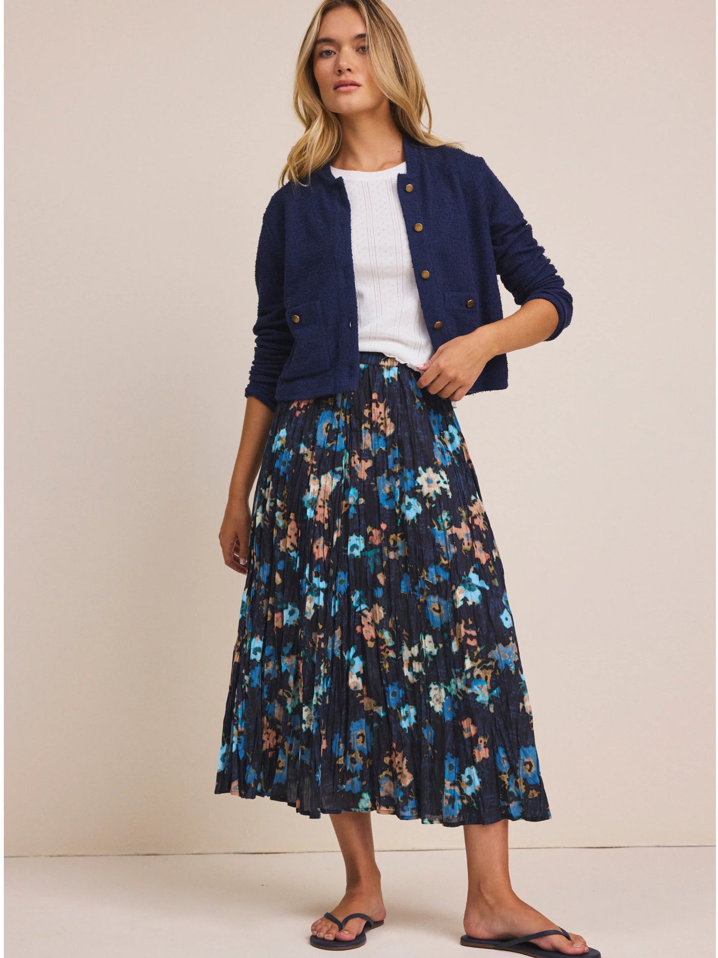 Midi Floral Crinkle Skirt - Indigo Multi