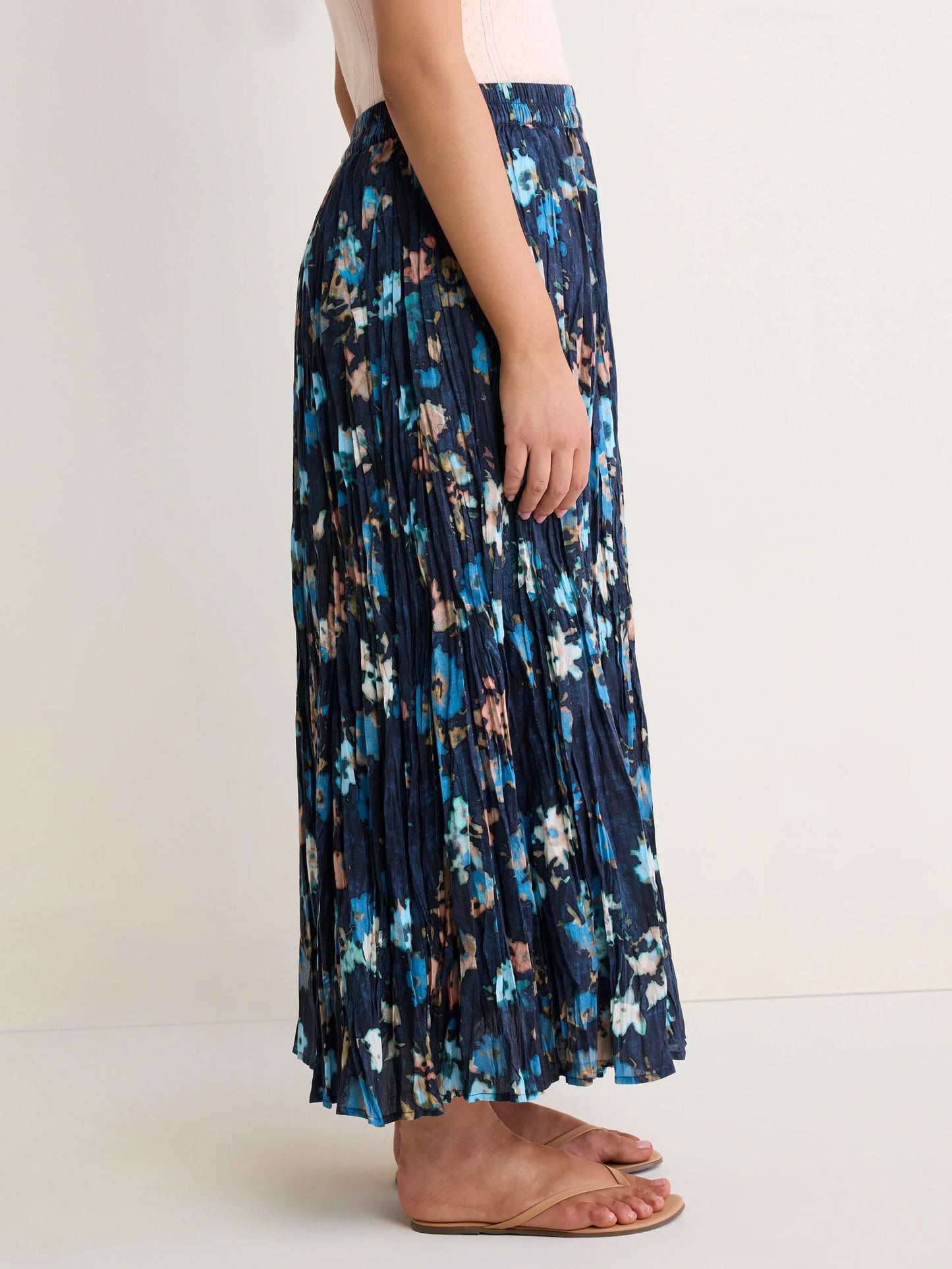 Midi Floral Crinkle Skirt - Indigo Multi