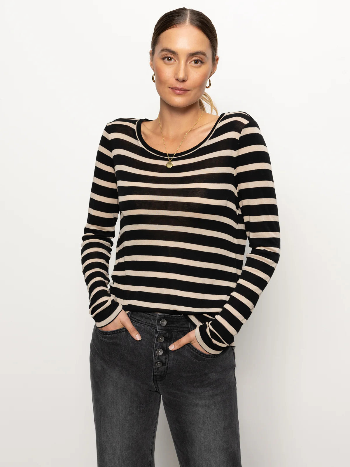 Femme Crew Neck Stripe Tee - Oat/Black