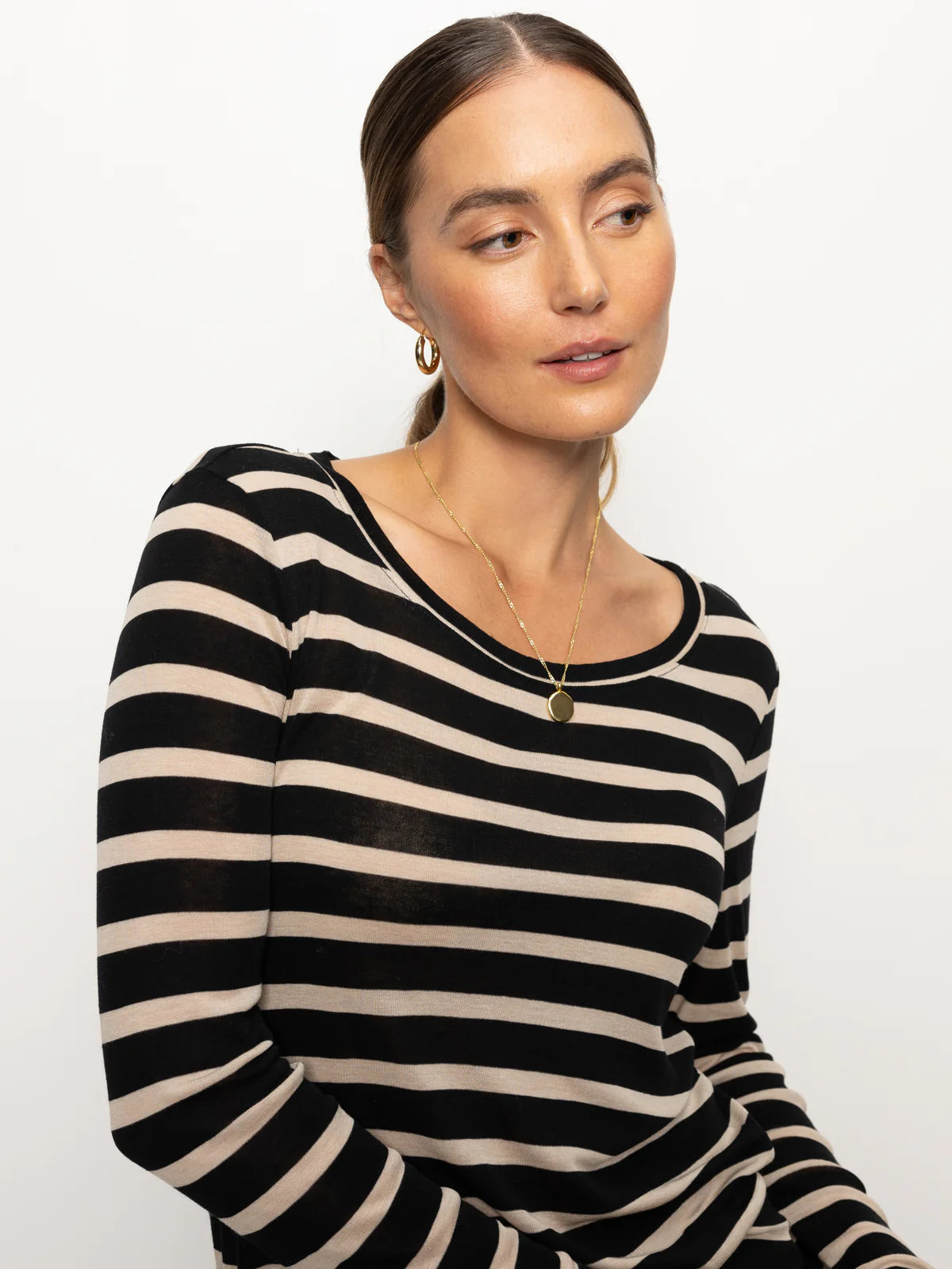 Femme Crew Neck Stripe Tee - Oat/Black