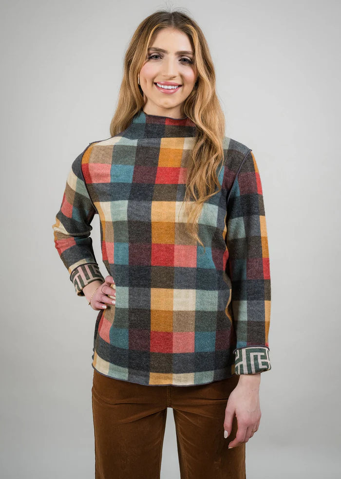 Mock Turtleneck Sweater - Orange Plaid