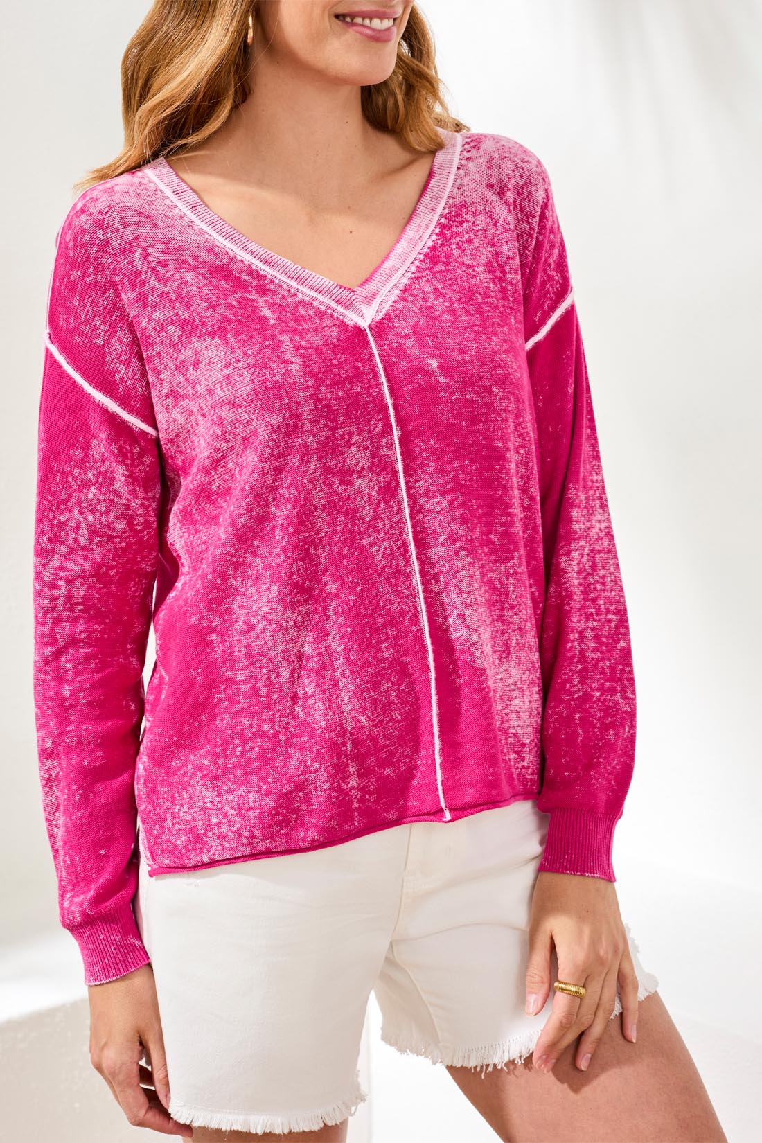 Lightweight V-Neck Sweater with Special Wash - Orchid Glow
