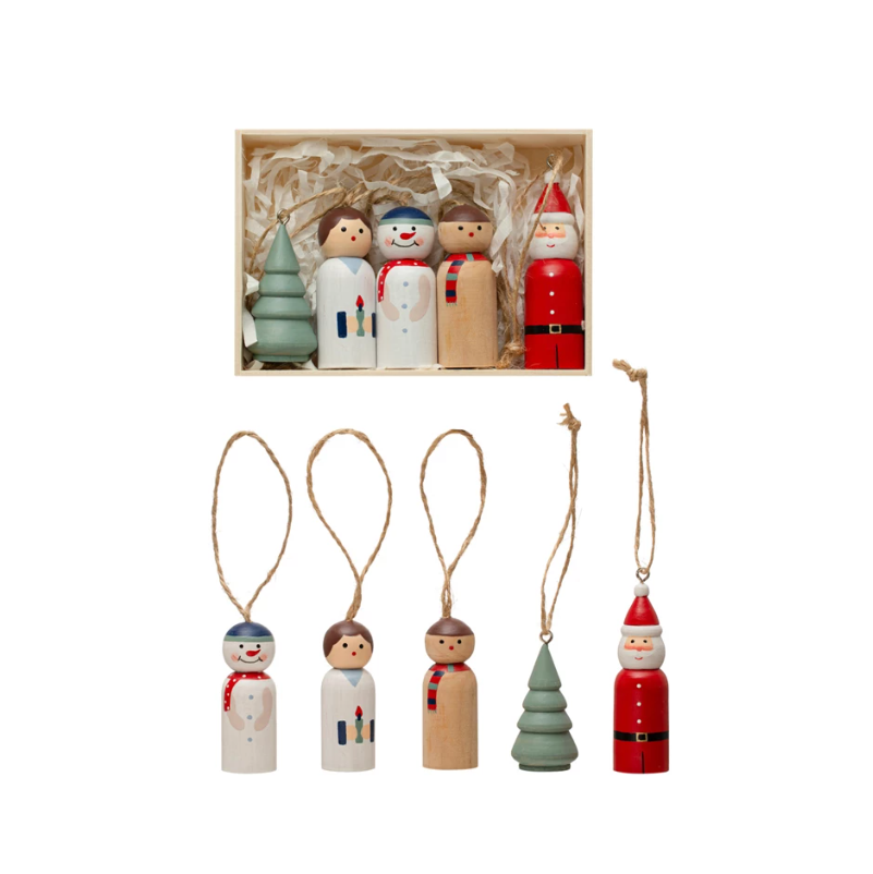 Wooden Holiday Ornaments - Set of 5