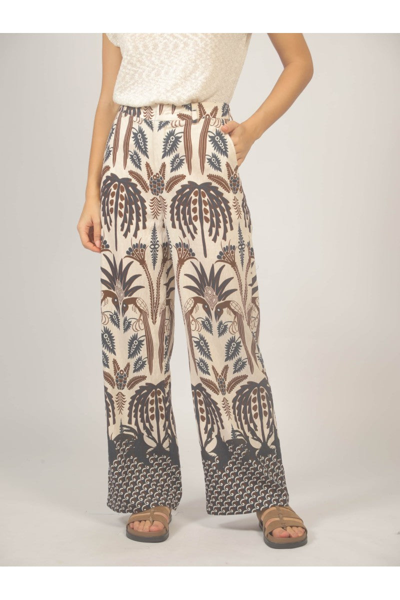 Palm Tree Print Pants - Brown Combo