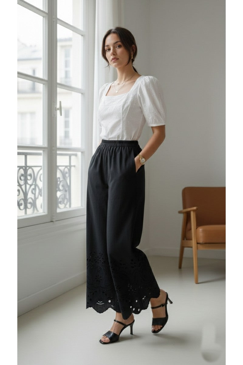 Wide Leg Pants with Eyelet Trim - Black