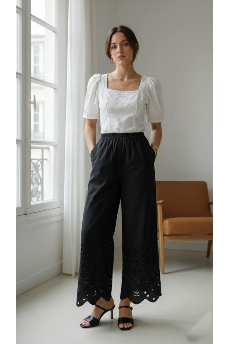 Wide Leg Pants with Eyelet Trim - Black