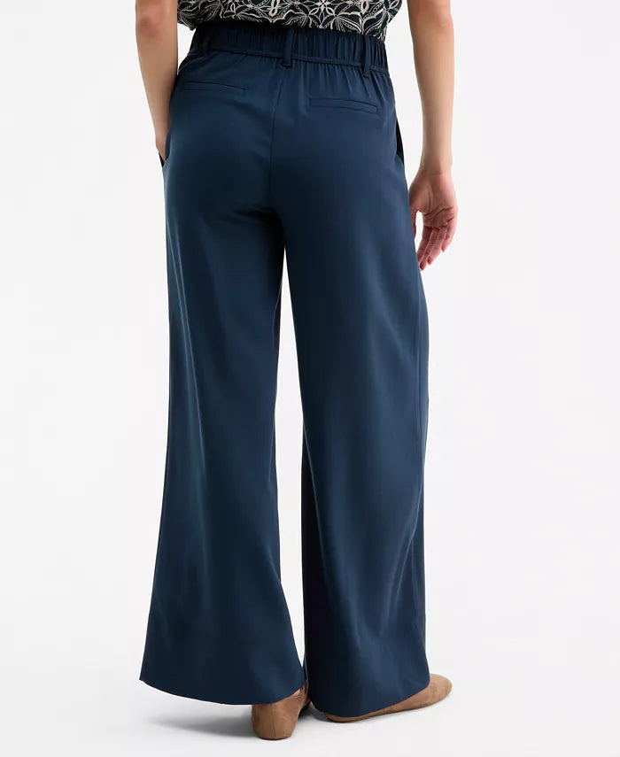 High Rise Pleated Wide Leg Pants - Oxford Navy