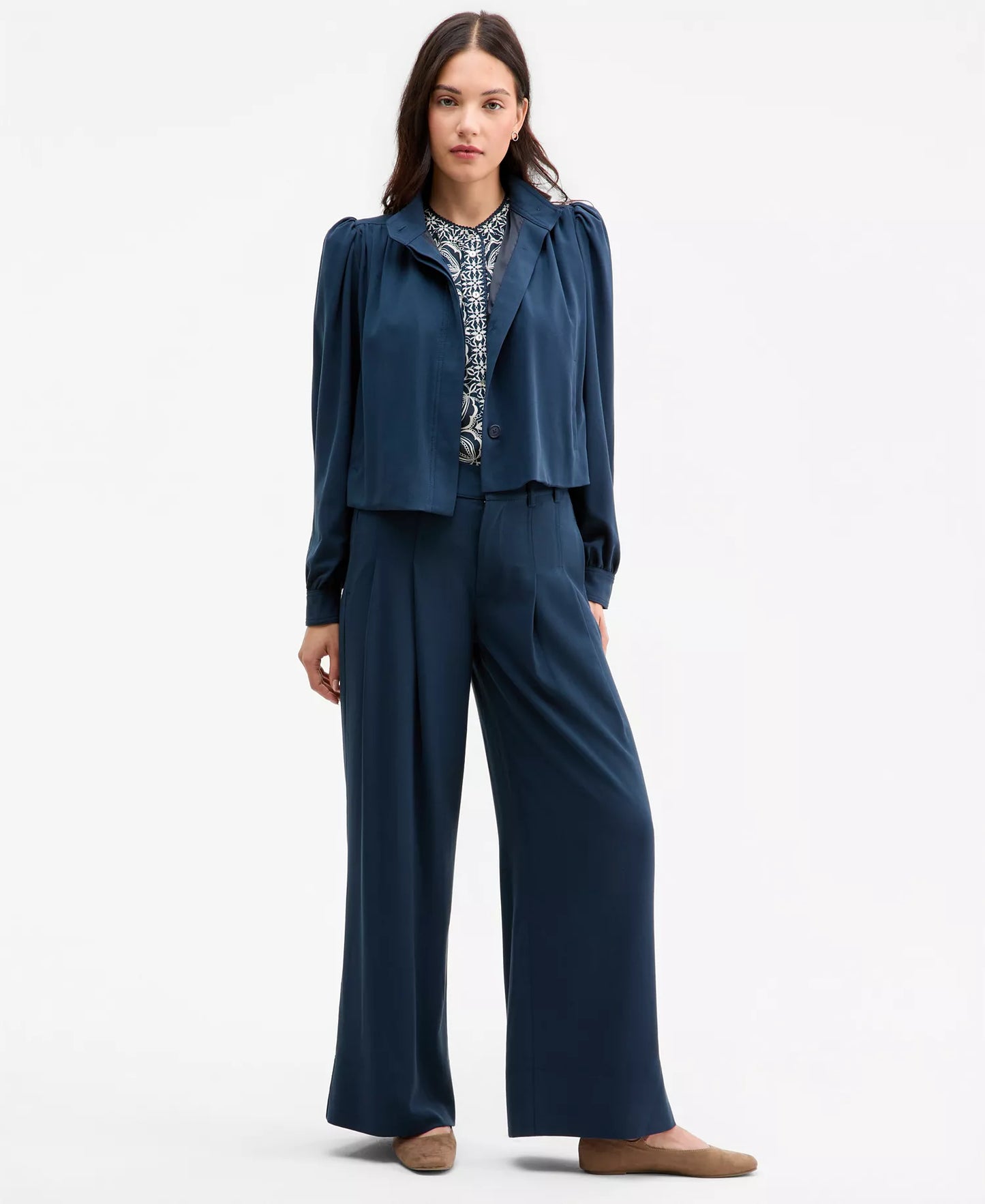 High Rise Pleated Wide Leg Pants - Oxford Navy