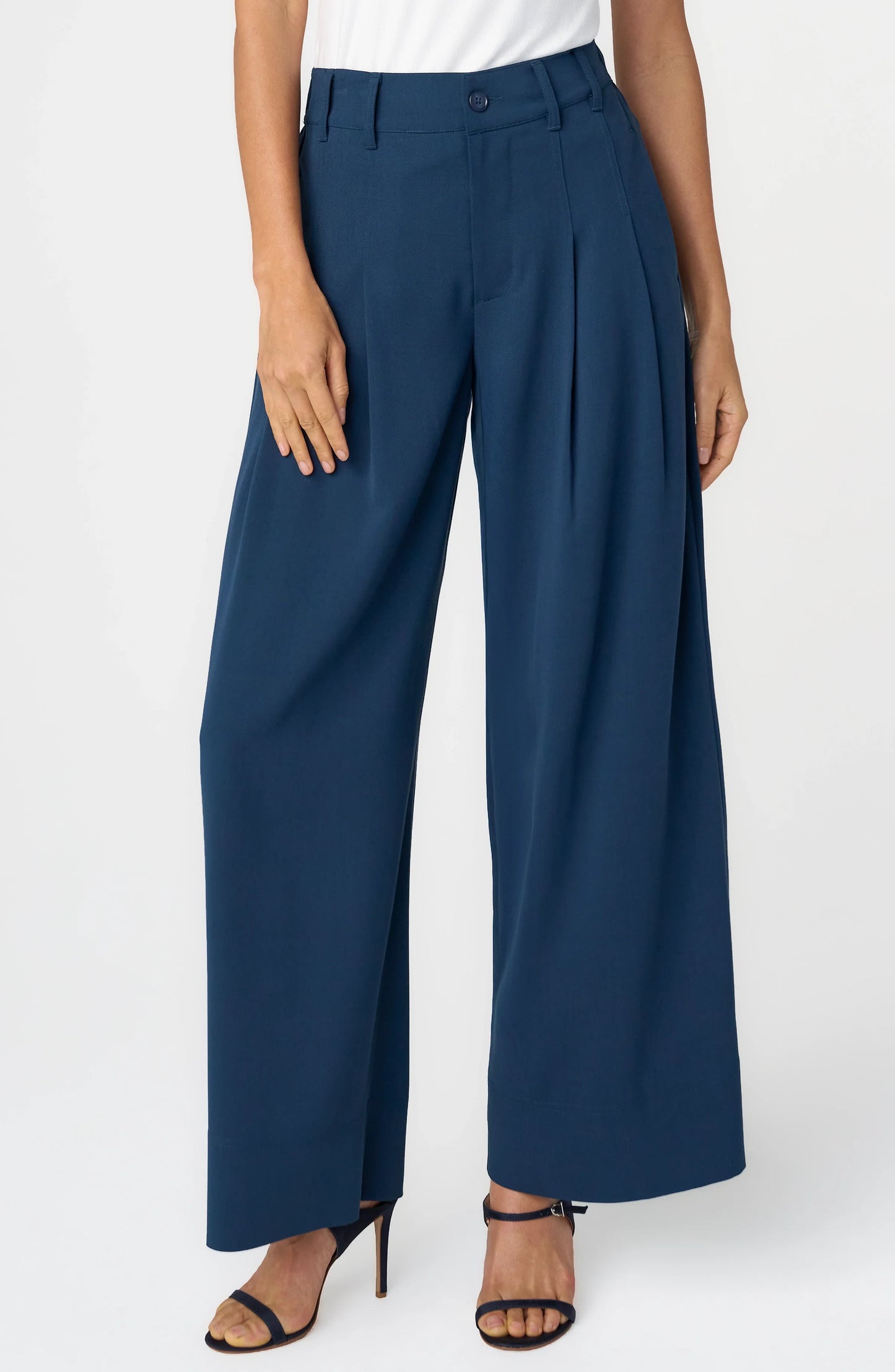 High Rise Pleated Wide Leg Pants - Oxford Navy