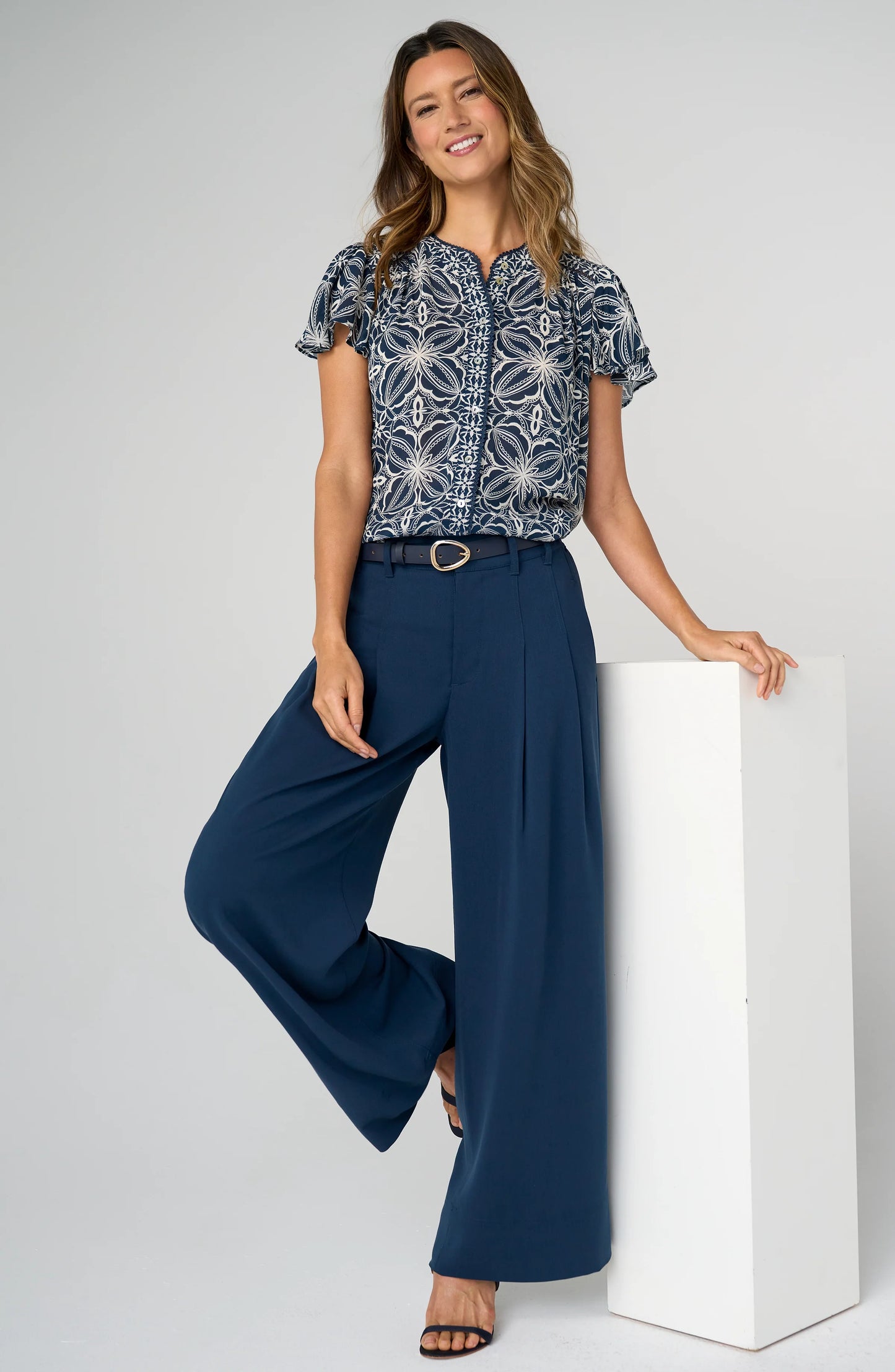 High Rise Pleated Wide Leg Pants - Oxford Navy