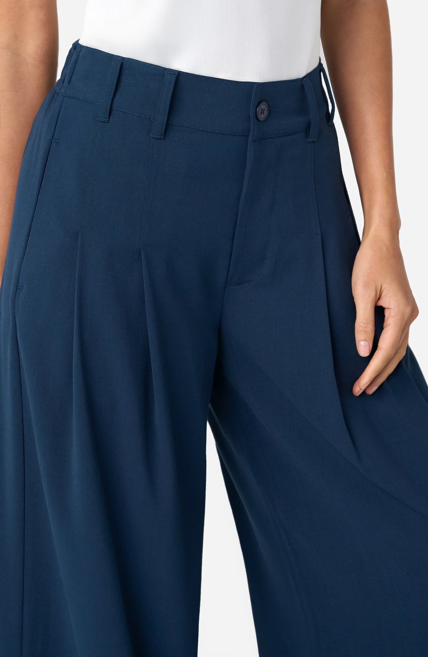 High Rise Pleated Wide Leg Pants - Oxford Navy