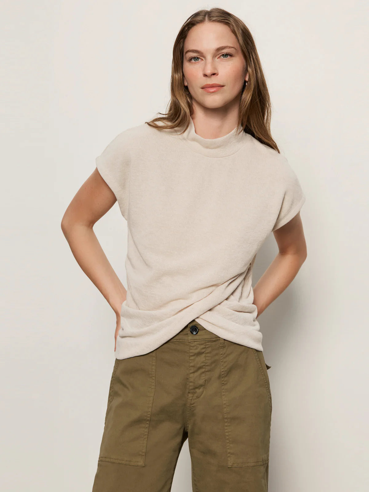Draped Sleeveless Mock Neck Tee - Mother of Pearl