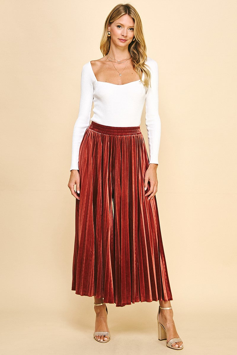 Velvet Pleated Palazzo Pants - Rust