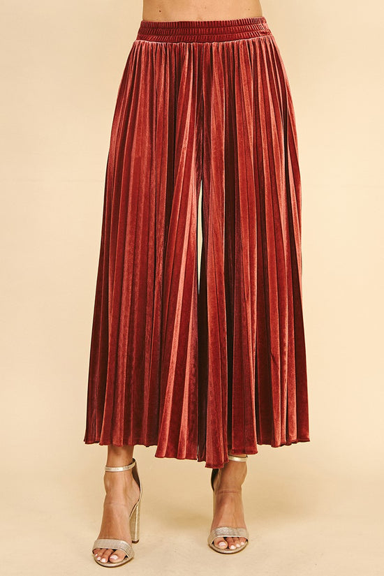 Velvet Pleated Palazzo Pants - Rust