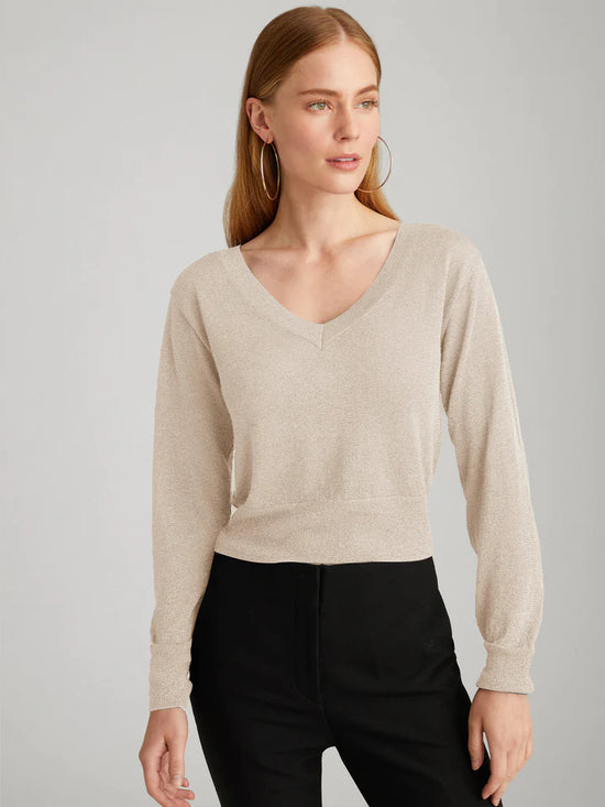 Raelyn Cropped Lurex V-Neck Pullover Sweater - Pink Salt