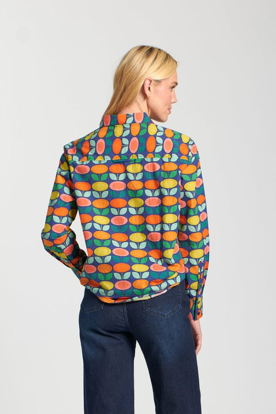 Long Sleeve Floral Print Top with Waist Tie - Navy Multi