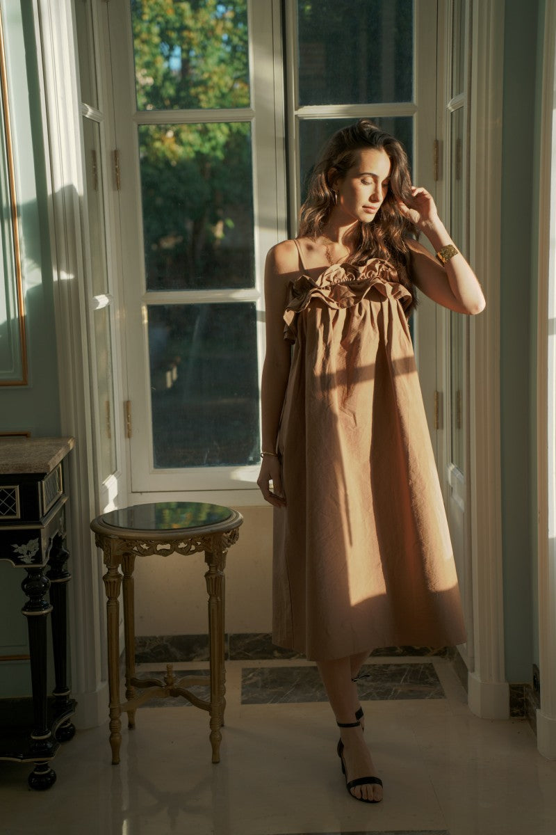 Strappy Maxi Dress with Ruffle Bodice - Brown